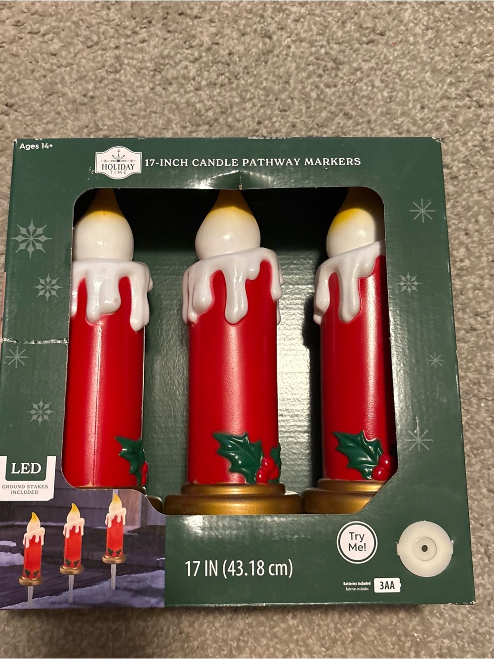 Holiday Time Red and White LED Candle Pathway Markers with Green Holly NEW